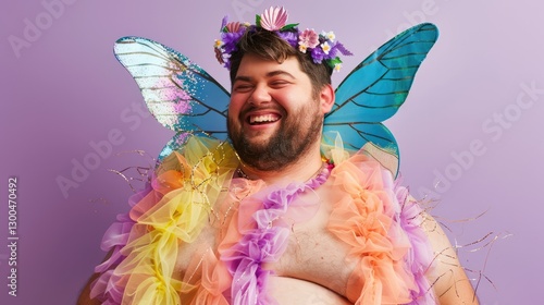 Joyful individual adorned with colorful butterfly wings and floral accessories against a pastel backdrop, celebrating self-expression