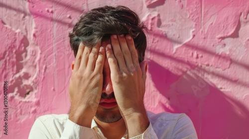 A young man covering his face with hands against a vibrant pink wall, expressing emotions in an urban setting