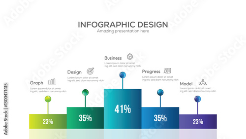 Statistics business 3d graph bar chart. Vector infographic with steps and options. Creative concept with 5 steps. Can be used for workflow layout, diagram, banner, web design.