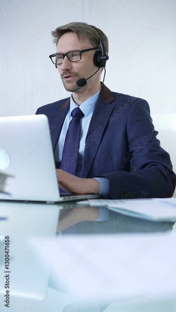 Businessman in blue suit is using a headset and laptop to offer customer service or online consultations. Business people concept Businessman in blue suit is using a headset and laptop to offer customer service or online consultations. Business people concept