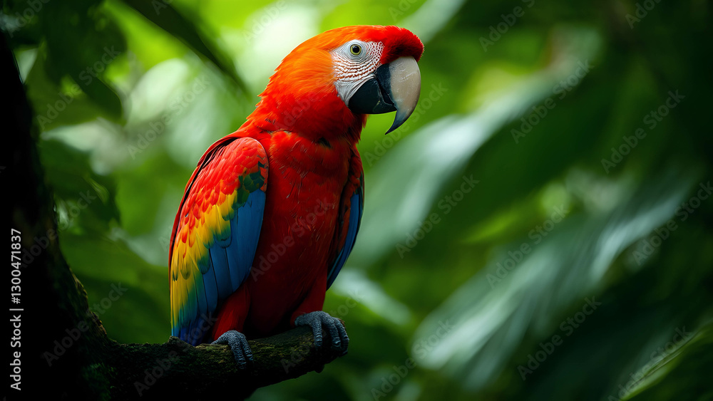Obraz premium A vibrant scarlet macaw perched on a jungle branch, surrounded by lush green leaves