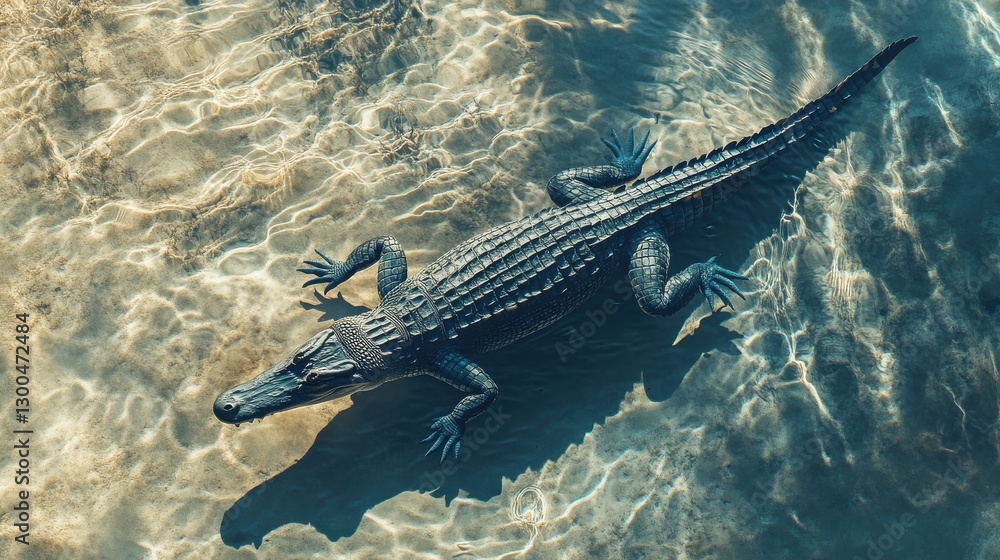 Obraz premium An aerial view of a crocodile swimming gracefully through a clear river, showcasing its sleek body and the rippling water below.
