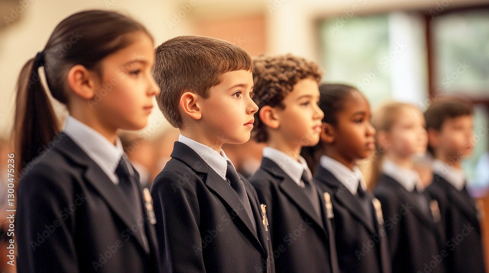 Children in formal attire standing in a line at a school event during daylight hours Children in formal attire standing in a line at a school event during daylight hours