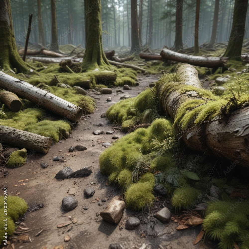 Obraz premium Rough forest floor with decaying logs and moss, weathered wood, rugged landscape, forest floor