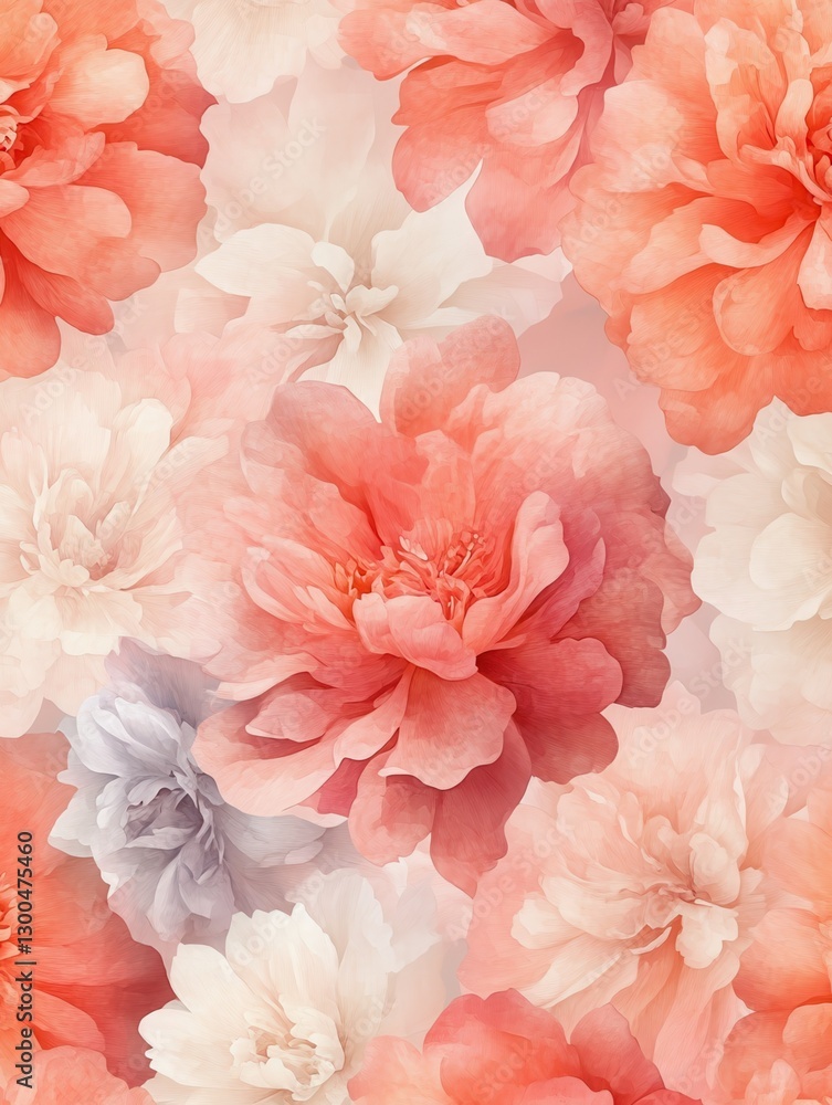 Fototapeta premium Abstract floral in seamless pattern background. Colorful flowers, flower petals, blooms, roses on wallpaper. Blossom fabric pattern with watercolor texture for banner, prints, packaging.