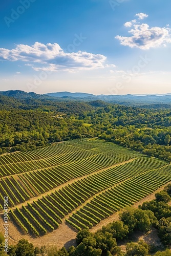 Wallpaper Mural Aerial view of lush green vineyard fields in scenic landscape with mountains and clear blue sky, showcasing organic farming and winemaking region agriculture. Torontodigital.ca