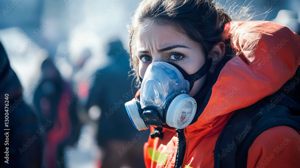 Rescue worker in protective gear assisting during an emergency situation in a cold environment Rescue worker in protective gear assisting during an emergency situation in a cold environment