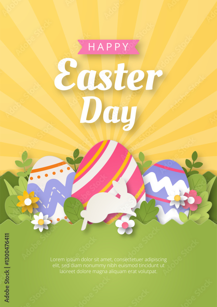 Naklejka premium Happy Easter background with paper cut bunny, flowers and eggs. Vector illustration.