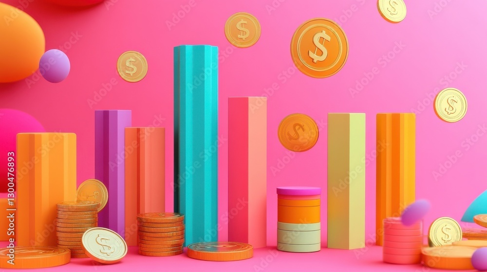 Colorful 3D illustration of financial growth with coins and bar graphs Colorful 3D illustration of financial growth with coins and bar graphs