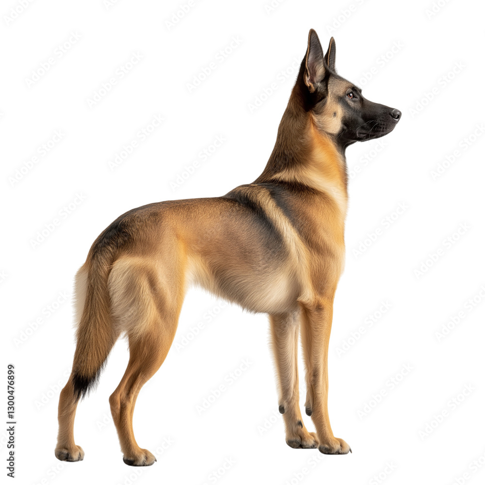 A side view of a Belgian Malinois dog standing proudly on a white solid background A side view of a Belgian Malinois dog standing proudly on a white solid background