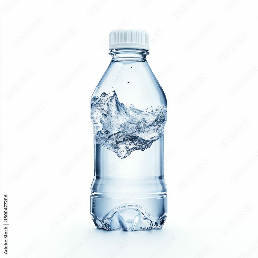 Surreal Water Bottles with Iceberg and Mountain Concept Isolated on White Background Surreal Water Bottles with Iceberg and Mountain Concept Isolated on White Background