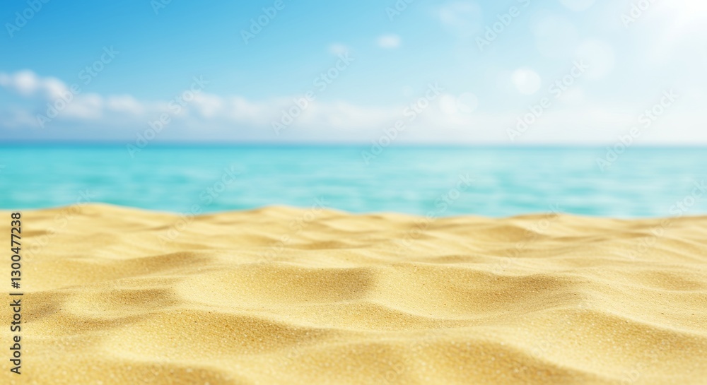 Fototapeta premium Serene beach scenery with golden sand textures meeting turquoise ocean horizon