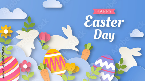 Happy Easter background with paper cut bunny, flowers and eggs. Vector illustration.