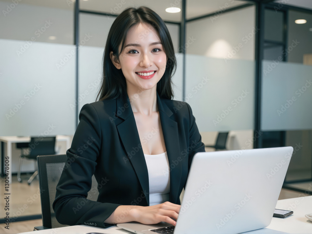 young IT specialist, a business lady, working on her laptop with a smile, seated at a contemporary desk in a bright and modern office. young IT specialist, a business lady, working on her laptop with a smile, seated at a contemporary desk in a bright and modern office.