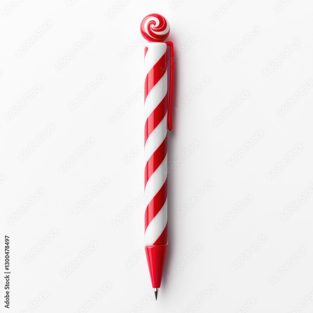 Fototapeta premium Whimsical Candy Cane-Shaped Pen with Red and White Striped Ink Tube Isolated on White