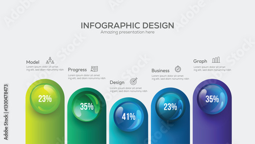 Business 5 option infographic presentation vector 3D colorful balls illustration five steps infographic are arranged vertically creating a clear timeline flow from top to bottom. 