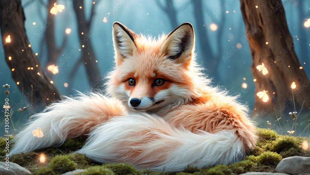 Fototapeta premium Majestic Red Fox Relaxing in Enchanted Forest with Glowing Fireflies
