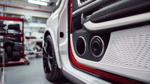 Close-up view of a luxury car's interior door panel showcasing speaker design and high-quality materials in a workshop