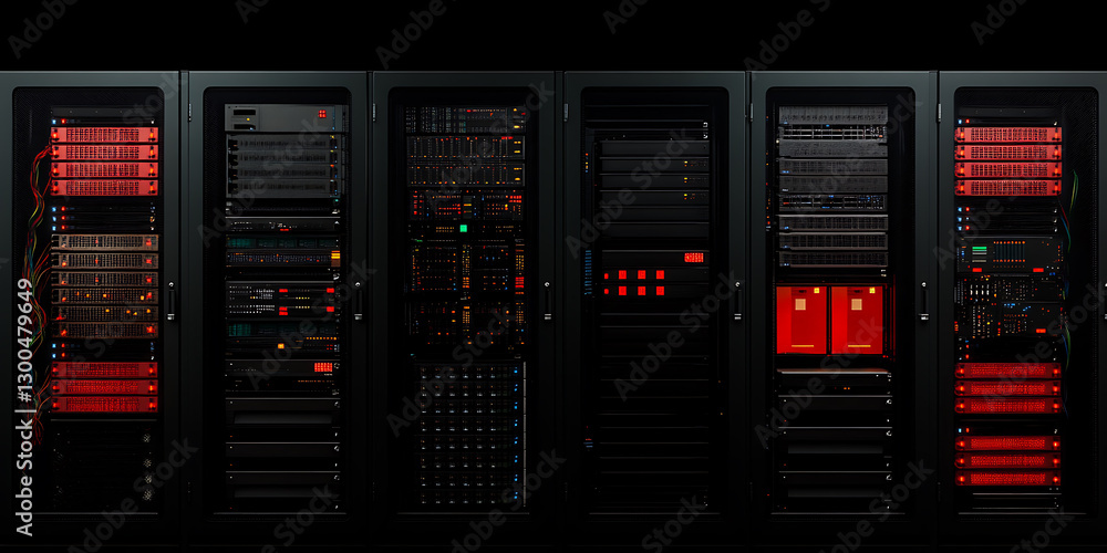 Server racks in a data center show complex networks, vital for secure and efficient information processing. Advanced technology for optimal performance. Server racks in a data center show complex networks, vital for secure and efficient information processing. Advanced technology for optimal performance.