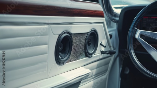 Close-up of a vintage car's interior showcasing elegant speaker design and dashboard details in a modern setting