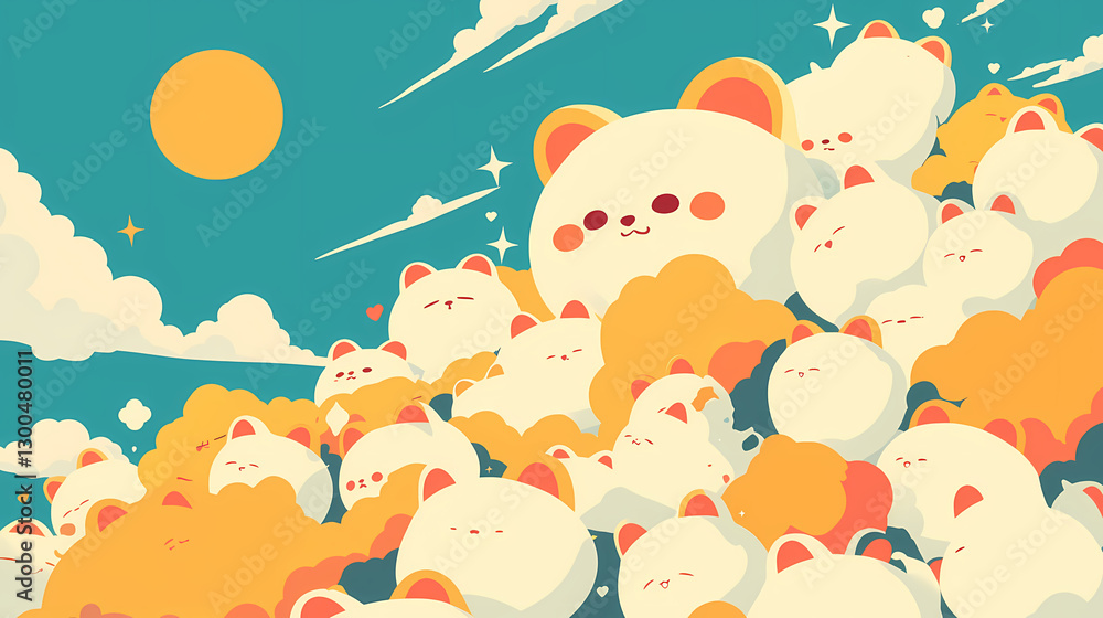Whimsical illustration of fluffy, cartoonish cats playfully lounging among colorful clouds under a bright sun Whimsical illustration of fluffy, cartoonish cats playfully lounging among colorful clouds under a bright sun