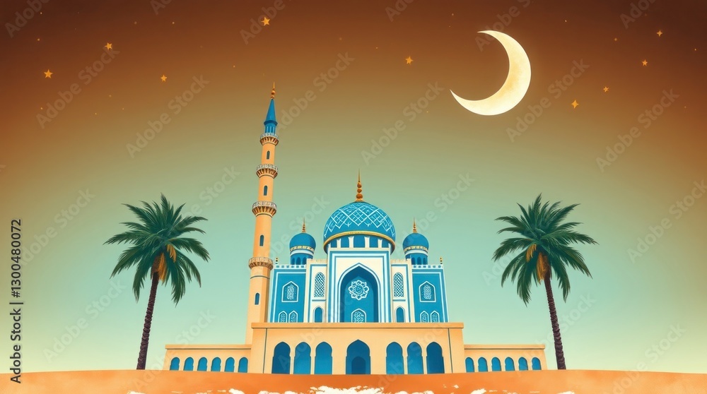 Obraz premium Illustration of Mosque with Crescent Moon and Palm Trees at Night