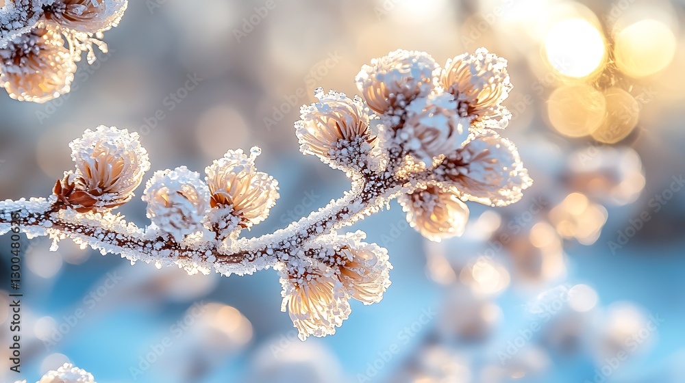 Frosty branch, winter sunrise, bokeh background, nature photography Frosty branch, winter sunrise, bokeh background, nature photography