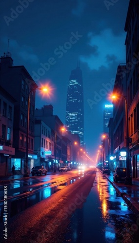 Glowing cityscape at night with blue and yellow neon lights, blue, illumination