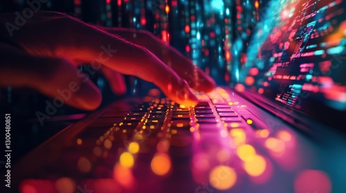 Wallpaper Mural Close up of programmer's hands typing code on a laptop keyboard, with a colorful stream of data flowing in the background, creating a vibrant and futuristic atmosphere Torontodigital.ca