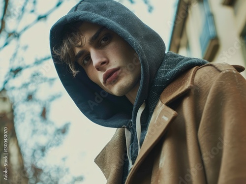Young man in a hooded jacket gazing thoughtfully at the camera in an urban setting with blurred buildings in the background