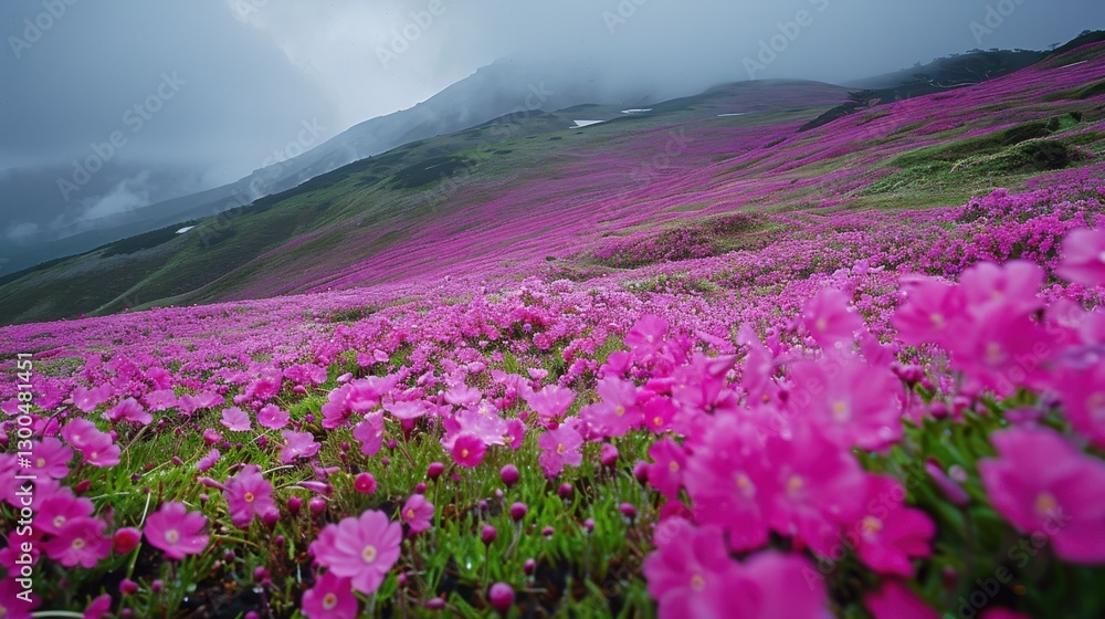 Obraz premium Vibrant Field of Pink Flowers Under Overcast Sky with Majestic Mountain Peaks in Background