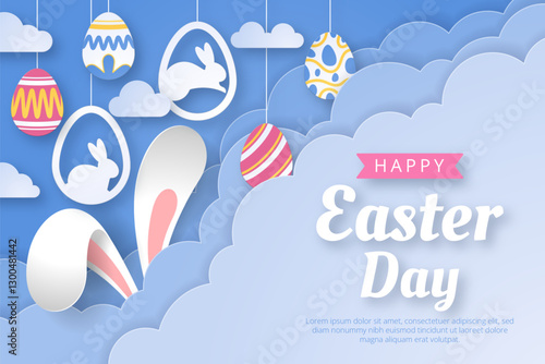Happy Easter background with paper cut bunny, flowers and eggs. Vector illustration.