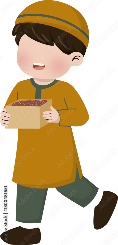 Naklejka premium Muslim boy sharing dates fruit for Eid Al fitr