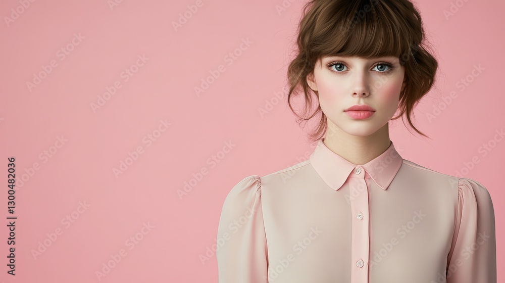 Elegant Young Woman in Soft Pink Blouse with Natural Makeup Against a Pastel Pink Background Elegant Young Woman in Soft Pink Blouse with Natural Makeup Against a Pastel Pink Background