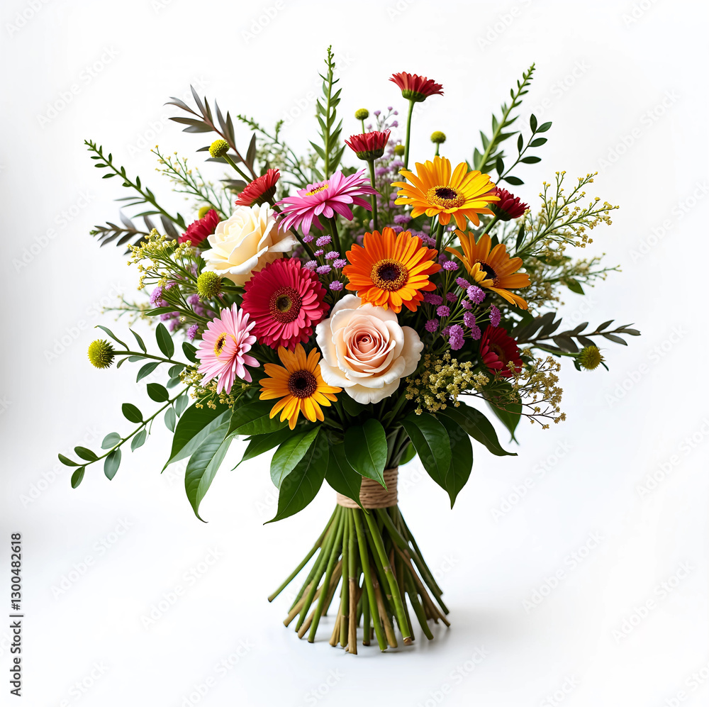 Obraz premium Colorful bouquet with pink, red, yellow, and orange flowers, including daisies, roses, and greenery, arranged on an isolated white background.