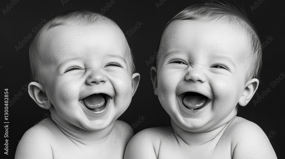 Joyful Twins Sharing Laughter with Radiant Smiles Against Dark Background in Black and White Photography Joyful Twins Sharing Laughter with Radiant Smiles Against Dark Background in Black and White Photography