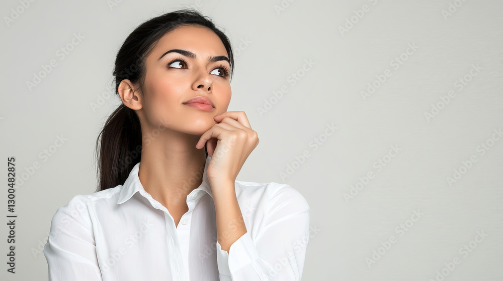 Thoughtful Young Woman in White Shirt Pondering with Hand on Chin Against Neutral Background Thoughtful Young Woman in White Shirt Pondering with Hand on Chin Against Neutral Background