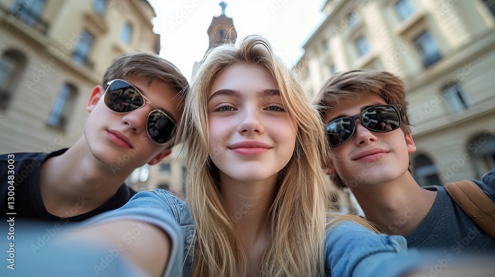Group of Three Young Friends Enjoying a Sunny Day Outdoors with City Background and Sunglasses Smiles Group of Three Young Friends Enjoying a Sunny Day Outdoors with City Background and Sunglasses Smiles