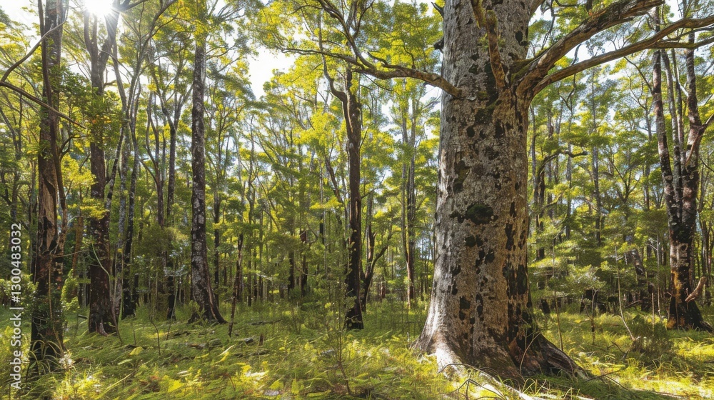 Fototapeta premium Lush Green Forest Landscape with Tall Trees and Sunlight Filtering Through Vibrant Foliage
