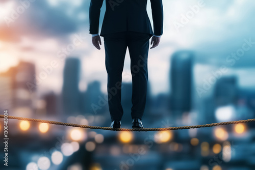 A businessman balances precariously on a tightrope, soaring high above a vibrant city, as ominous storm clouds gather, symbolizing the risks and rewards of corporate life