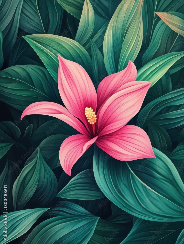 Fototapeta premium Abstract floral in pattern vector background. Blossom wallpaper with green leaves, pink flower in watercolor texture. Spring flowers illustration suitable for fabric, prints, cover.