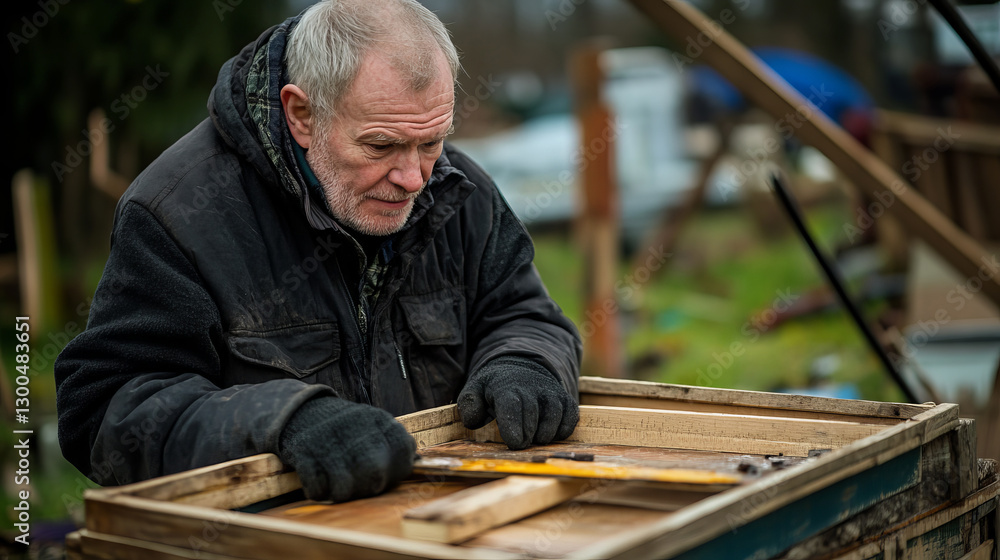 Elderly Craftsman Working Intently on Wooden Project at Outdoor Workshop in Natural Light Elderly Craftsman Working Intently on Wooden Project at Outdoor Workshop in Natural Light