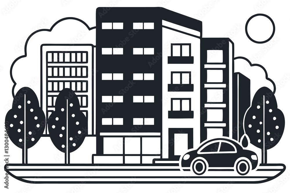 Obraz premium A Building silhouette icon simple vector black and white illustrations