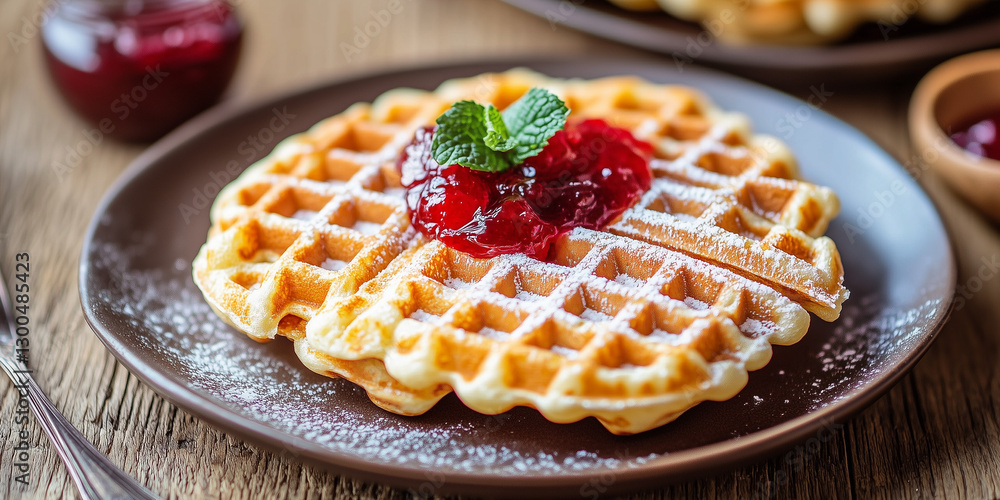 Close up of Belgian waffles and jam on rustic surface