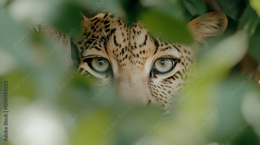 Obraz premium Hidden predator's piercing gaze. The captivating eyes of a wild cat emerge from the leafy foliage, revealing a glimpse into the heart of the wild.