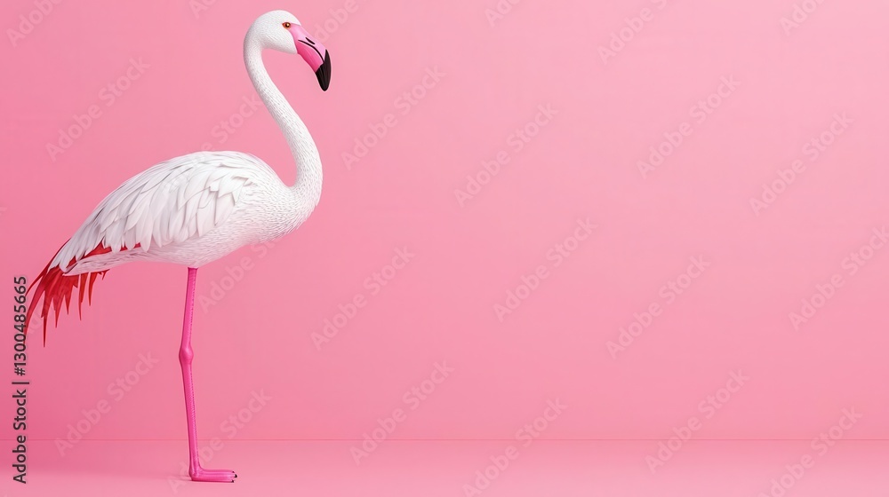 Fototapeta premium A graceful flamingo stands elegantly against a vibrant pink background, showcasing its striking colors and unique posture. Copy space, commercial use, Isolate background