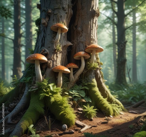 Lush green forest with sunlit mushrooms growing out of tree trunks,  Fungi Growth,  Earthy Tones