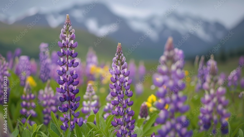 Fototapeta premium Vibrant Purple Lupines Blooming in a Scenic Landscape with Mountains in the Background