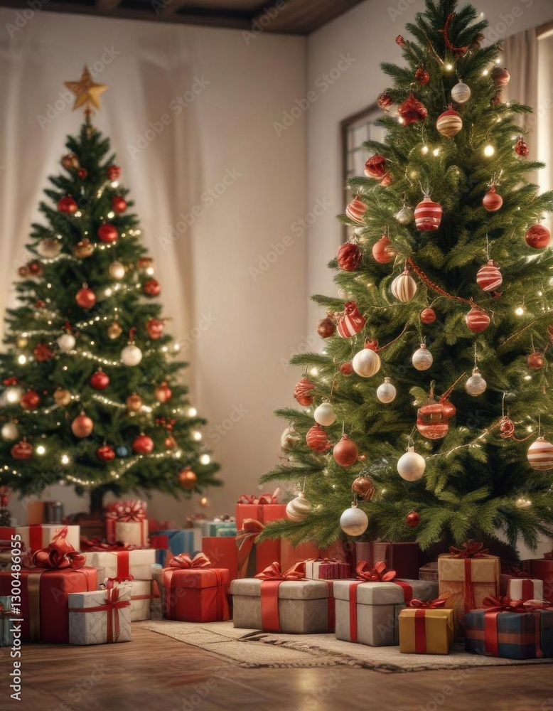 Merry Christmas scene with decorated tree and gifts, ornaments, Christmas tree Merry Christmas scene with decorated tree and gifts, ornaments, Christmas tree