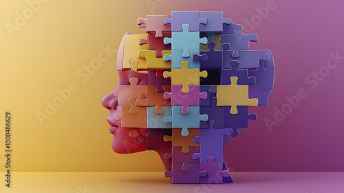 Futuristic and representation of a child s head made entirely of interconnected puzzle pieces radiating bright hues symbolizing creativity and autism awareness